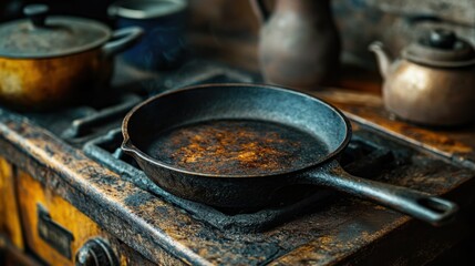 A Rustic Iron Skillet on Wooden Stove: Perfect for Vintage Kitchen or Culinary Blog Stock Photo