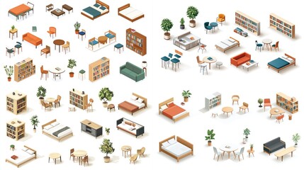 Collection of 2D isometric illustrations of furniture such as tables, chairs, and beds.