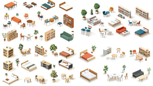 Collection of 2D isometric illustrations of furniture such as tables, chairs, and beds.