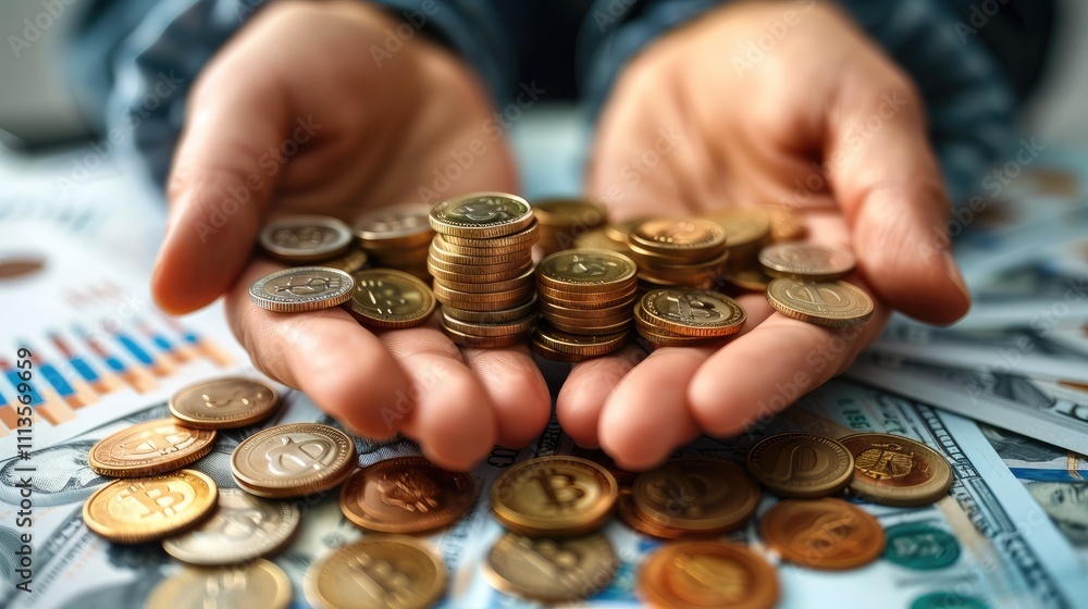 Poster a close-up of hands holding coins and banknotes, with a background of financial charts and graphs. i