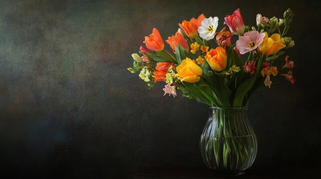 Elegant floral arrangement featuring fresh spring flowers like tulips and freesias placed in a glass vase, creating a serene ambiance. Copy space available for text.