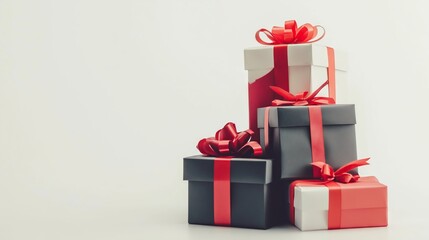 Obraz premium Side view of beautifully wrapped Christmas presents with red ribbons