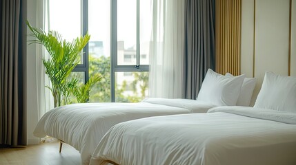 Experience a serene bedroom setup that includes two beds and large windows, highlighting modern architecture in a private apartment. Ideal for capturing tranquil moments with copy space.