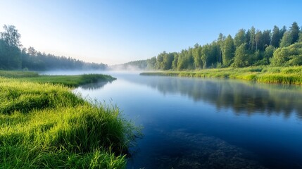 Obraz premium Serene Morning Fog Over Calm Water in Lush Green Landscape
