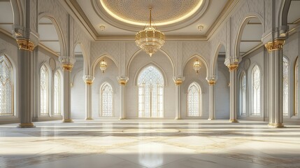 A grand, illuminated interior space with ornate architecture and elegant chandeliers.