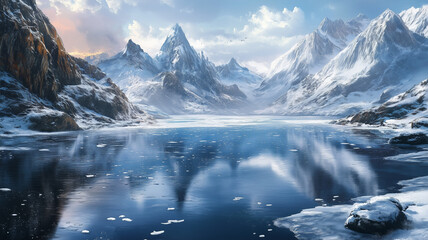 Fototapeta premium Frozen Lake Surrounded by Majestic Snowy Mountains 