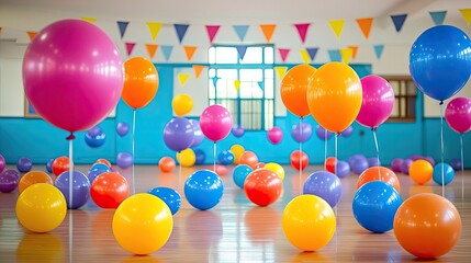 Colorful floor balloons create a vibrant atmosphere in a gym setting. This gym setting is enhanced by multiple bright balloons, adding a fun element and ample photo space.