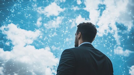 Visionary Leader: Businessman Overlooking a Futuristic Digital Cityscape