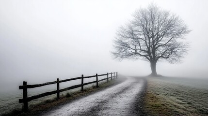 Serene Foggy Nature Landscape with Isolated Tree and Pathway