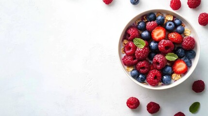 A bowl of cereal filled with fresh berries arranged on a clean white table, creating a delightful breakfast scene with ample copy space for text or design.