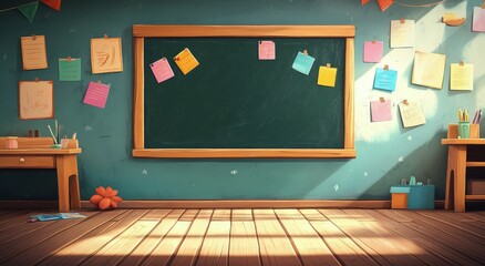 Creative classroom with chalkboard and colorful decorations in a bright learning environment