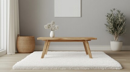 Minimalist living room with wooden coffee table and rug