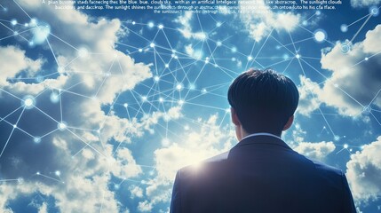 Visionary Leader: Businessman Overlooking a Futuristic Digital Cityscape