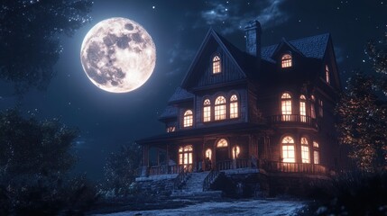 Fototapeta premium Victorian House Illuminated Underneath A Full Moon At Night
