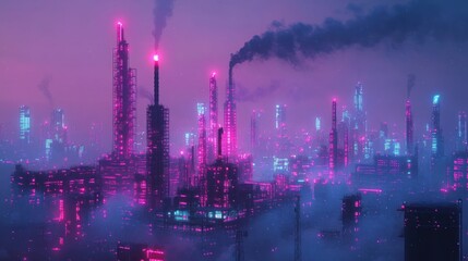 Futuristic Cityscape Neon Lights Industrial Skyline