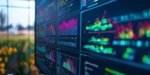 Modern Digital Data Display with Colorful Graphs and Charts in a Agricultural Field Office Setting for Analyzing Crop Performance and Trends
