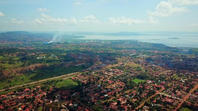 Jinja City Panoramic View On The North Shore of Lake Victoria In Uganda, East Africa. Aerial Shot