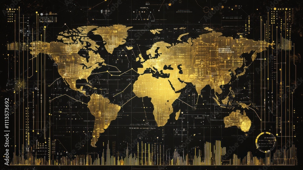 Poster gold world map with digital data visualization and network design