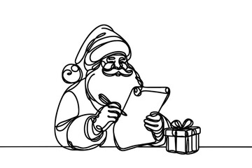 One continuous line illustration of Santa Claus reading a letter from a child, isolated on white background.