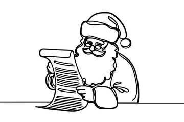 One continuous line illustration of Santa Claus reading a letter from a child, isolated on white background.
