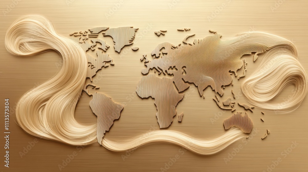Poster artistic world map design with flowing lines on gold background