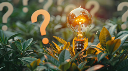 Illuminated Lightbulb Amidst Question Marks and Greenery