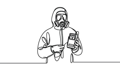  One continuous line illustration of a person in a protective suit holding a dosimeter, isolated on white background.