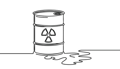 One continuous line illustration of a barrel with radioactive waste, isolated on white background.