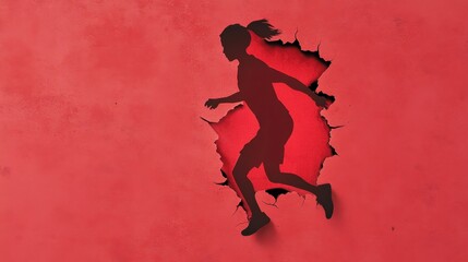 A silhouette of a runner breaking through a red wall, symbolizing movement, energy, and determination.