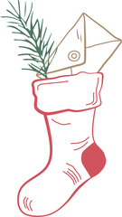 Festive Christmas stocking - vector festive hand-drawn illustration with sock, letter, pine branch. Christmas holiday clip art