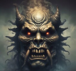 Naklejka premium Illustration of devil spooky face in dramatic smoke.