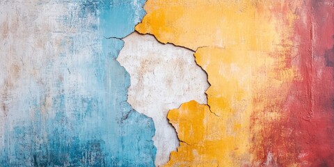 Fototapeta premium A vibrant wall with cracked paint showcases a blend of blue, yellow, and red hues, highlighting textures and colors in an abstract design.
