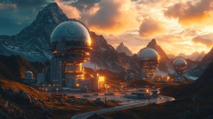 Obraz premium Futuristic Sci Fi City Nestled in Alien Landscape with Glowing Domes and Towers