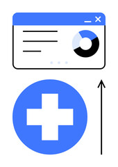 Chart with pie graph upward arrow and medical cross symbol, highlighting progress in healthcare. Ideal for health trends, analytics, data growth, medical innovation, progress, technology, future