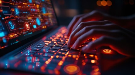 Closeup of hands rapidly typing on a laptop keyboard with a futuristic, glowing interface