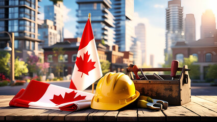 Happy Labor Day, Labor Hat with Canadian Flag Against Buildings, Generative Ai 