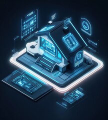 Smart home technology in 3D with glowing interfaces and dark color theme.