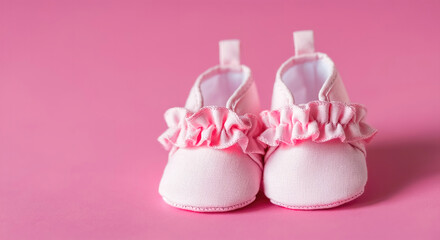 Cute pink baby shoes on a bright, pastel pink background and backdrop symbolizing babyhood and parenthood. Bright environment.
