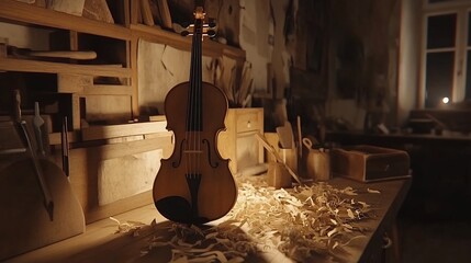 Vintage Handcrafted Violin Sculpture in Rustic Woodshop Setting