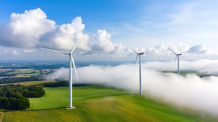 A panoramic view of a wind farm in a serene landscape, with vibrant clouds and sweeping fields, highlighting renewable energys role in combating climate change. The vivid colors and depth of field