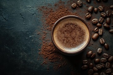Obraz premium A cup of dark coffee sits amidst cocoa powder and roasted beans on a dark surface. This image is perfect for menus, coffee shops, or any project related to coffee and chocolate.