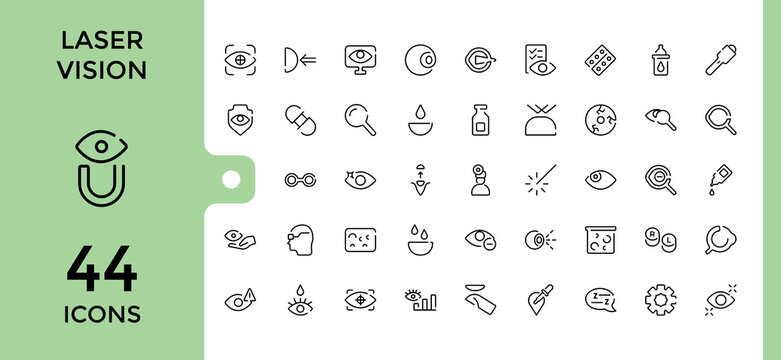 Laser Vision thin line icon set. Contains related to pharmacy, sight, pay, medical, hand and more. Thin UI icon design. Editable stroke.