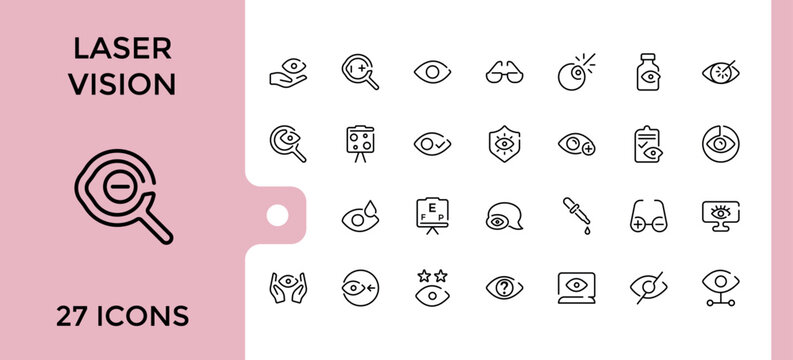 Laser Vision line icons set. Related to delivery, vision, yummy smi, eye laser, lasic, hospital, beam and more. Thin outline icons pack. Vector icons editable stroke.