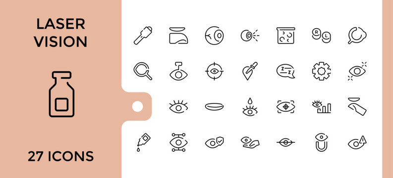 Laser Vision line icons set. Related to delivery, vision, yummy smi, eye laser, lasic, hospital, beam and more. Thin outline icons pack. Vector icons editable stroke.