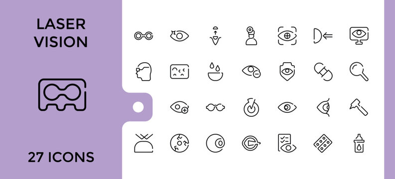 Laser Vision line icons set. Related to delivery, vision, yummy smi, eye laser, lasic, hospital, beam and more. Thin outline icons pack. Vector icons editable stroke.