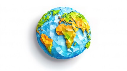 A low-poly illustration of the Earth with continents in green, orange, and yellow on a blue globe.