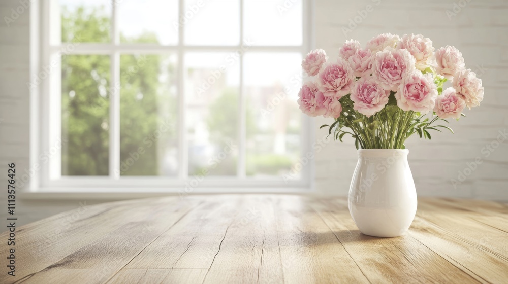 Poster sunlight streams through a large window illuminating a modern kitchen with a wooden countertop and a