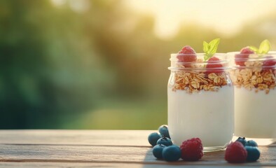 Delicious yogurt parfaits with fresh berries and granola in a sunny garden setting