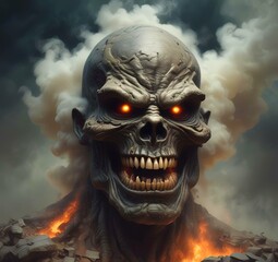 Illustration of devil spooky face in dramatic smoke.