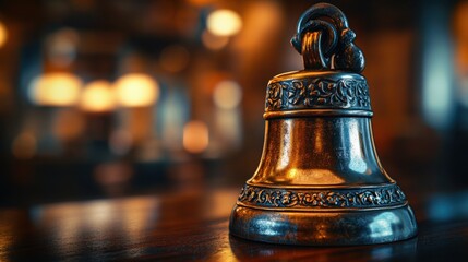 Golden bell on a wooden table, reflecting sophistication and charm for decorative purposes.